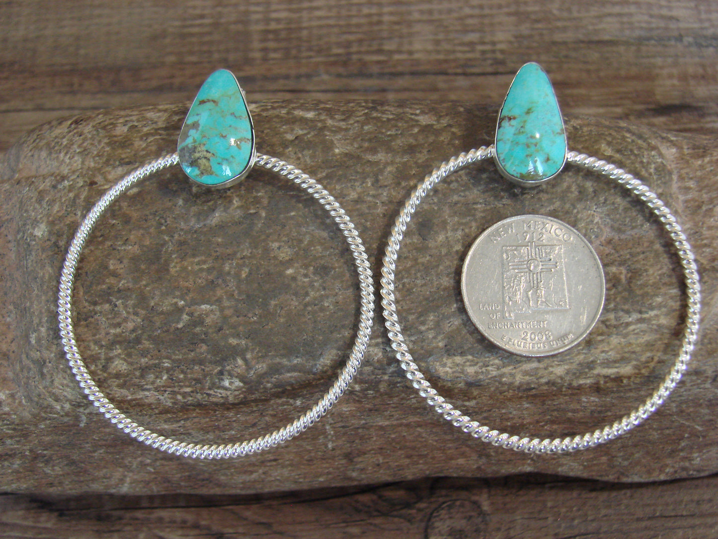 Native American Sterling Silver & Turquoise Hoop Post Earrings - Betone