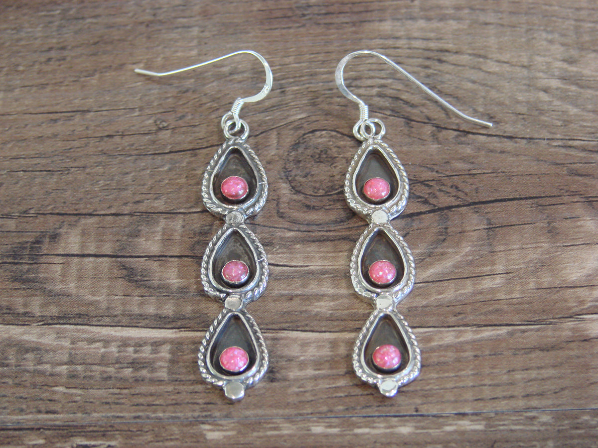 Native American Sterling Silver Pink Opal Dangle Earrings - Yazzie