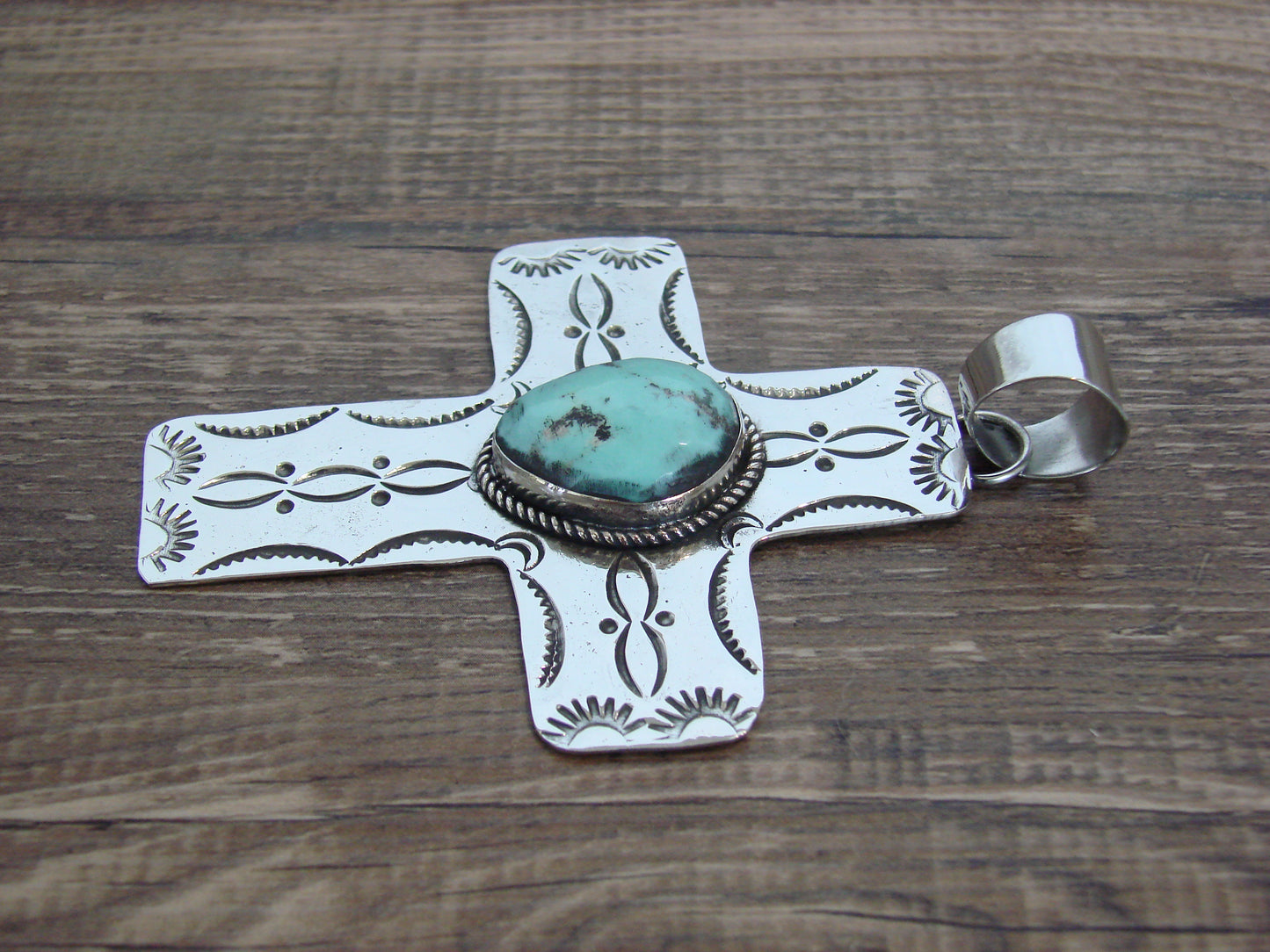 Large Native American Nickel Silver & Turquoise Cross Pendant - Cleveland