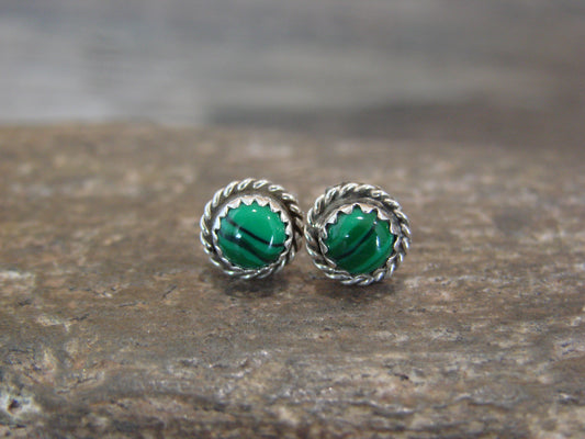 Navajo Indian Sterling Silver 1/4" Round Malachite Post Earrings by White