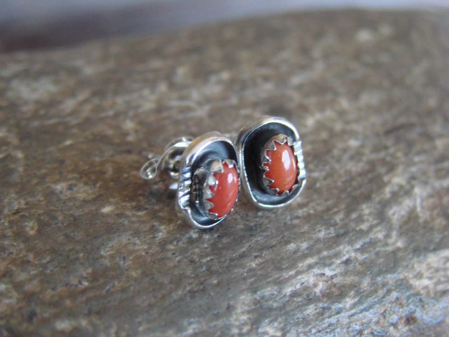 Navajo Sterling Silver Handmade Coral Post Earrings - Joe