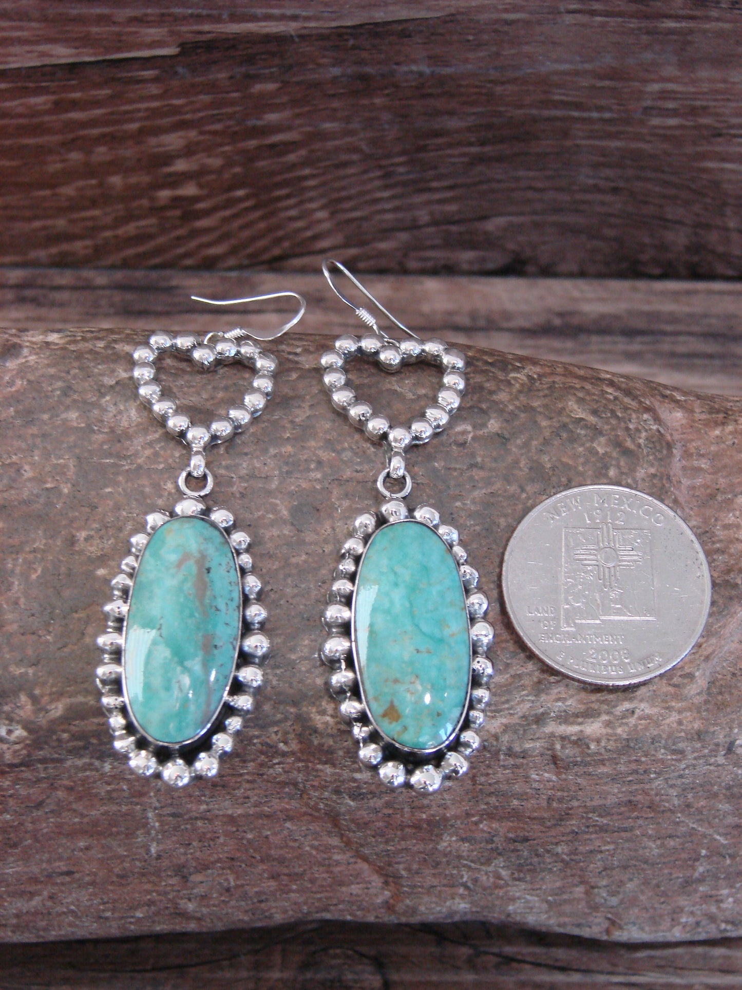 Native American Sterling Silver Turquoise Heart Dangle Earrings by Delgarito