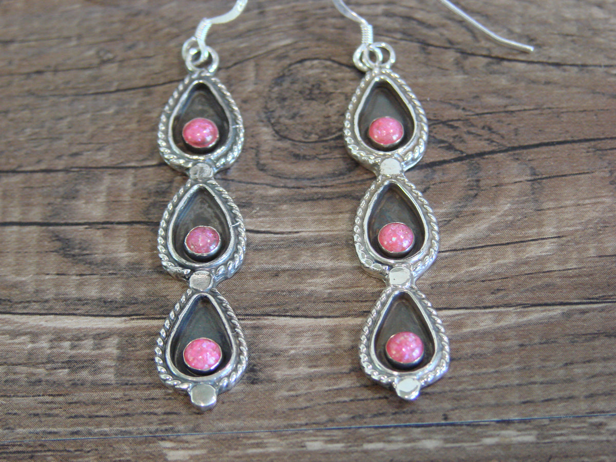 Native American Sterling Silver Pink Opal Dangle Earrings - Yazzie