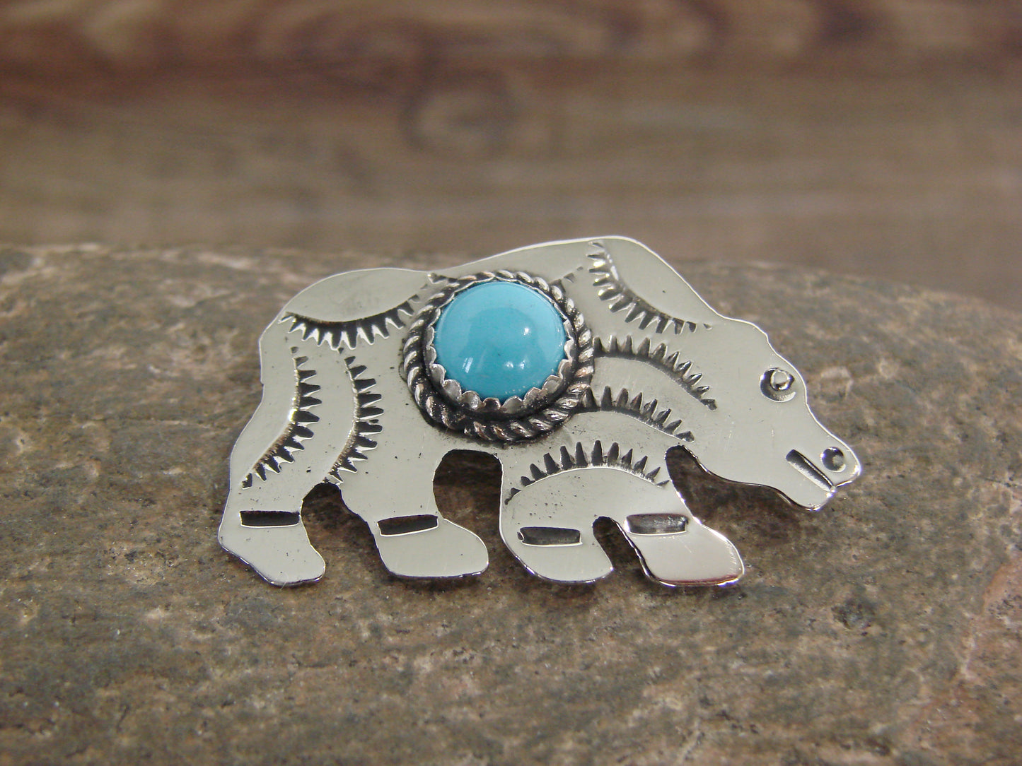 Native American Nickel Silver & Turquoise Bear Pin - Cleveland