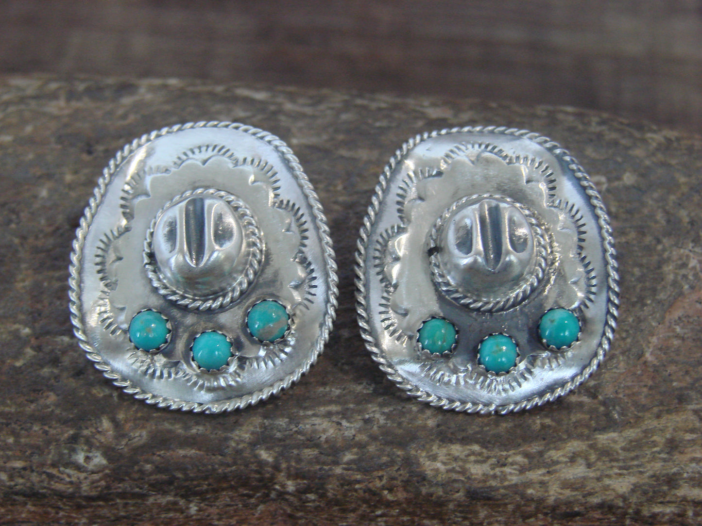 Native American Sterling Silver & Turquoise Cowgirl Hat Post Earrings - Platero