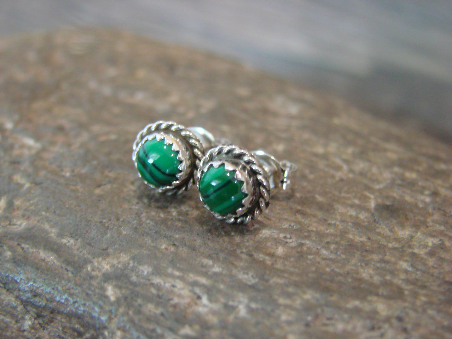Navajo Indian Sterling Silver 1/4" Round Malachite Post Earrings by White
