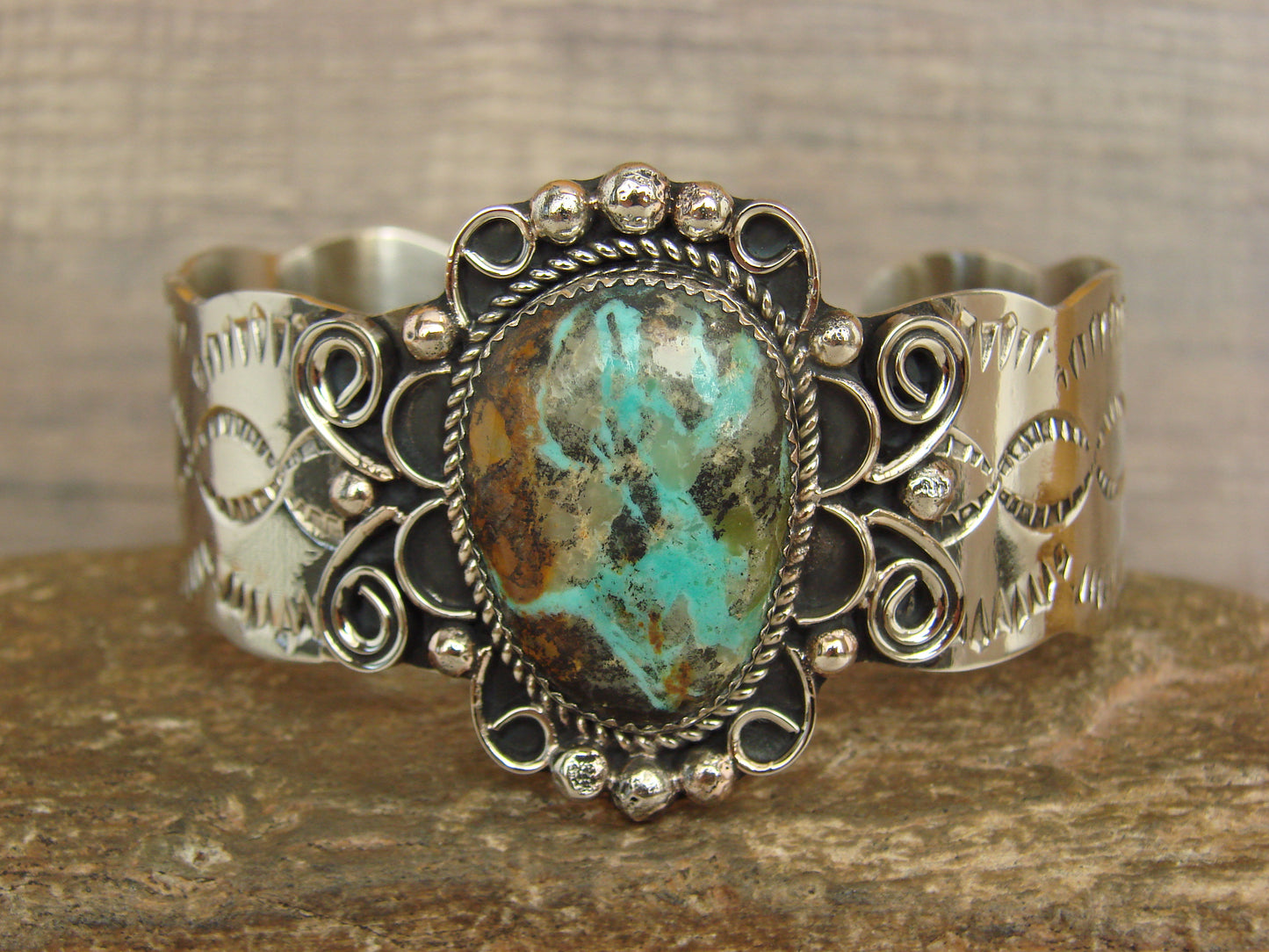 Native American Nickel Silver & Turquoise Bracelet by Cleveland