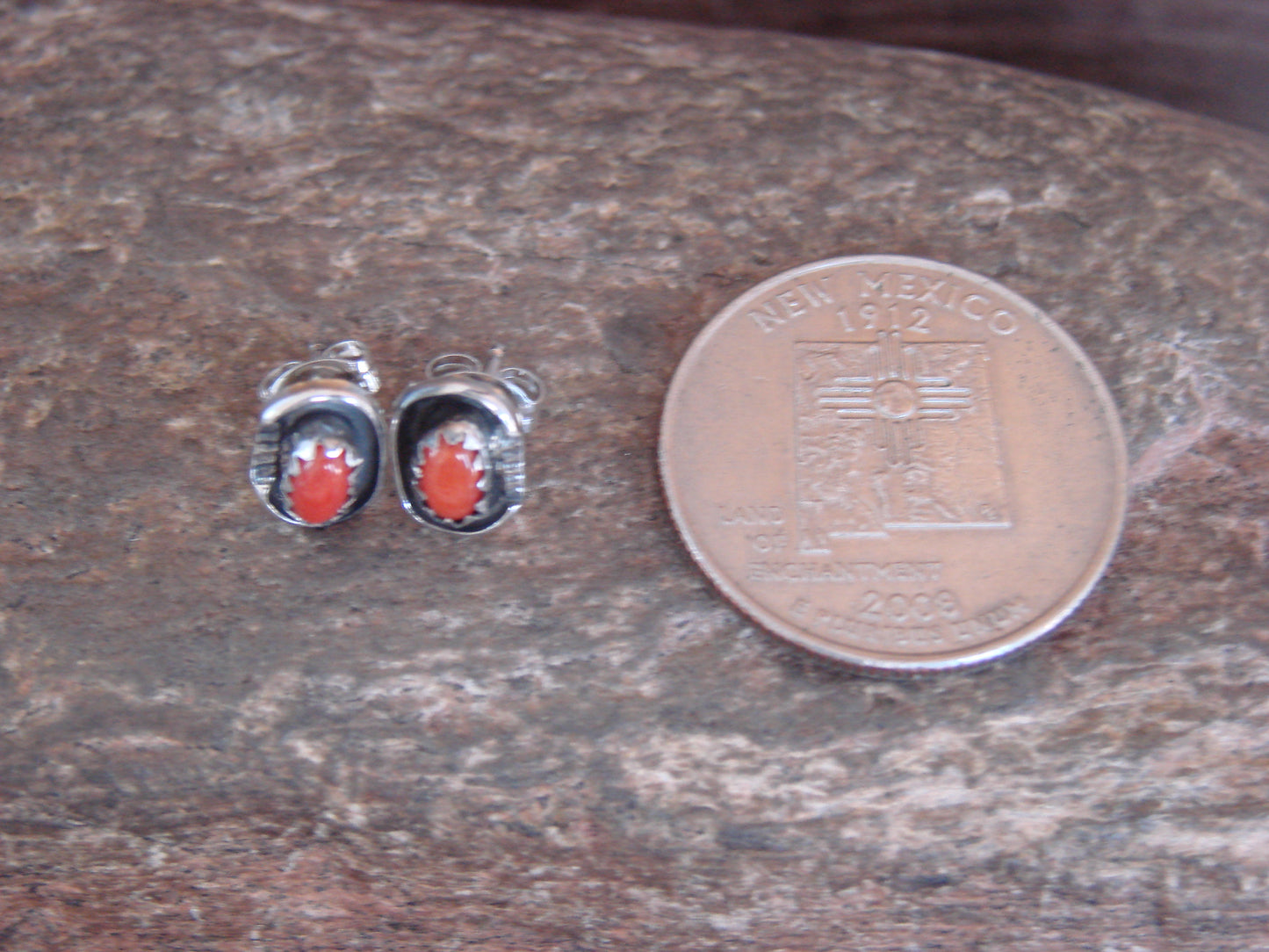 Navajo Sterling Silver Handmade Coral Post Earrings - Joe