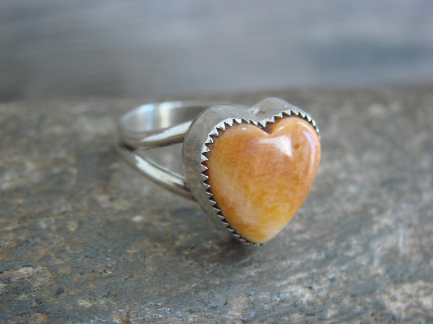 Native American Sterling Silver & Spiny Oyster Heart Ring by P. Smith - Size 8