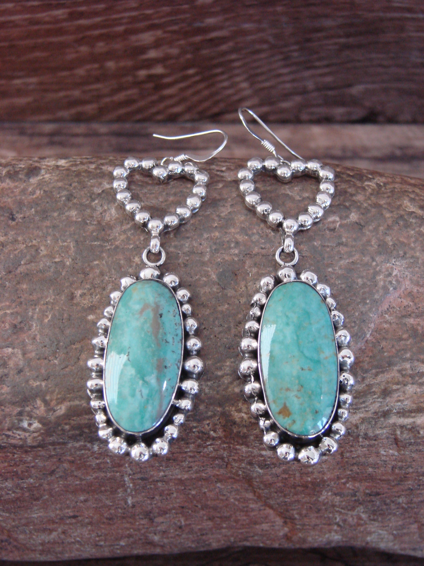 Native American Sterling Silver Turquoise Heart Dangle Earrings by Delgarito