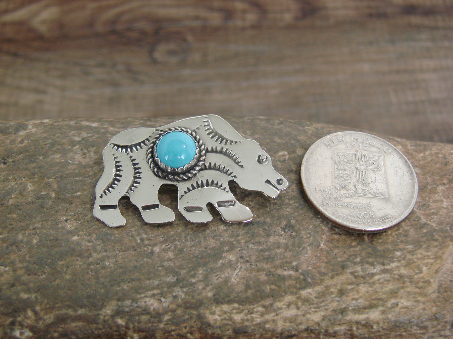 Native American Nickel Silver & Turquoise Bear Pin - Cleveland