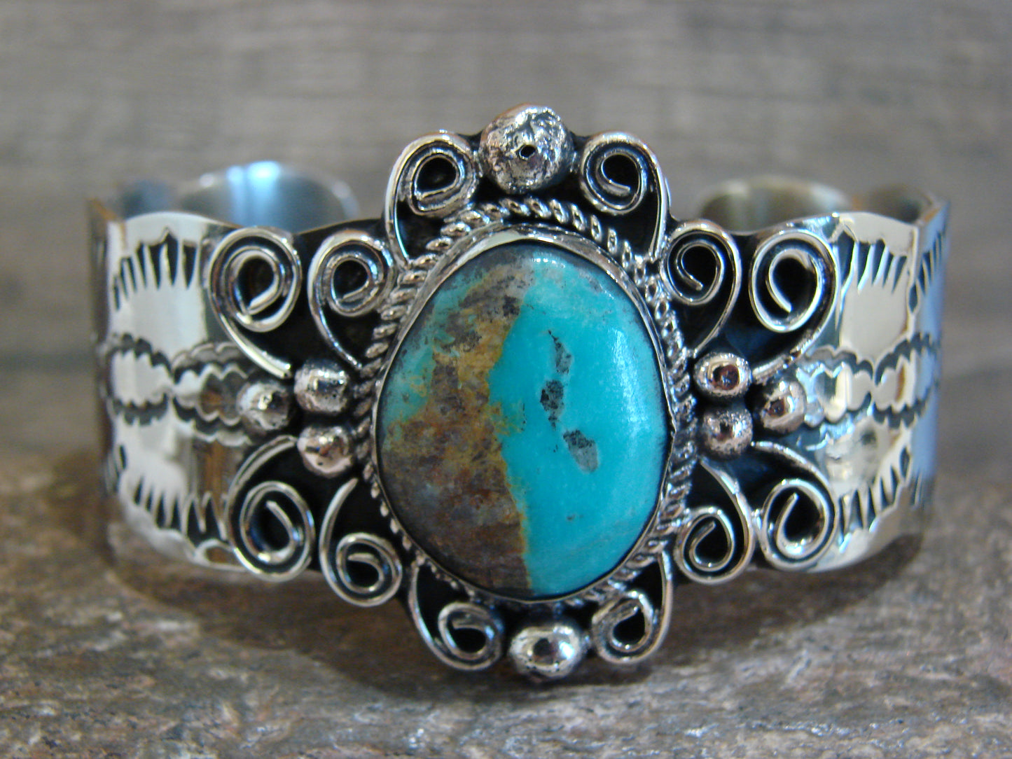 Native American Nickel Silver & Turquoise Bracelet by Cleveland