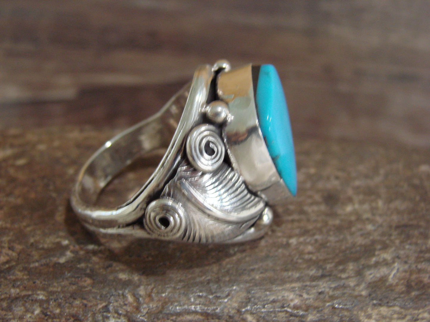 Native American Sterling Silver & Turquoise Ring - Morgan - Size 13.5