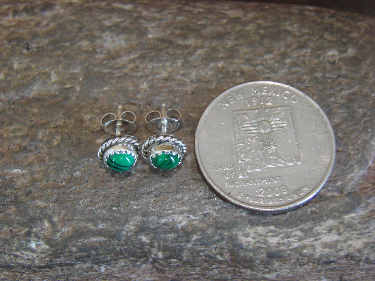 Navajo Indian Sterling Silver 1/4" Round Malachite Post Earrings by White