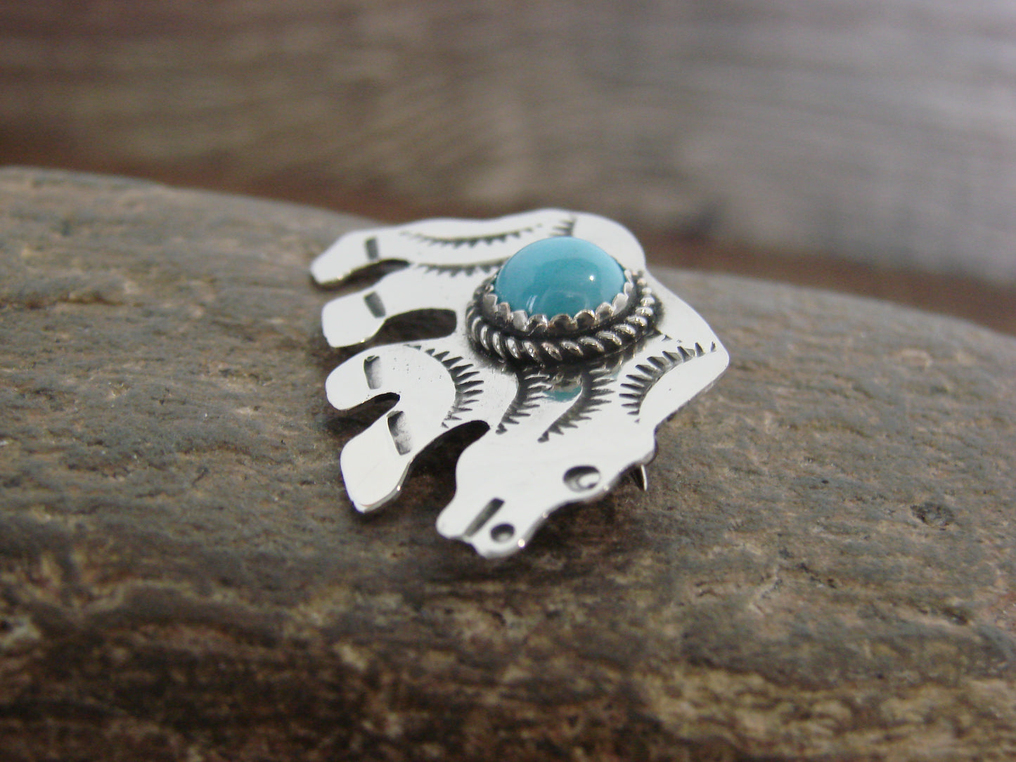 Native American Nickel Silver & Turquoise Bear Pin - Cleveland