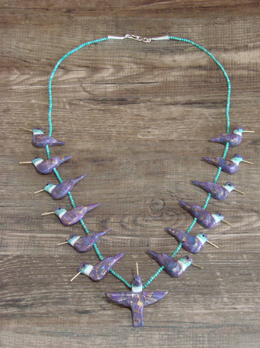 Purple Mohave Bronze Infused Turquoise Hummingbird Fetish Necklace - Mitchell