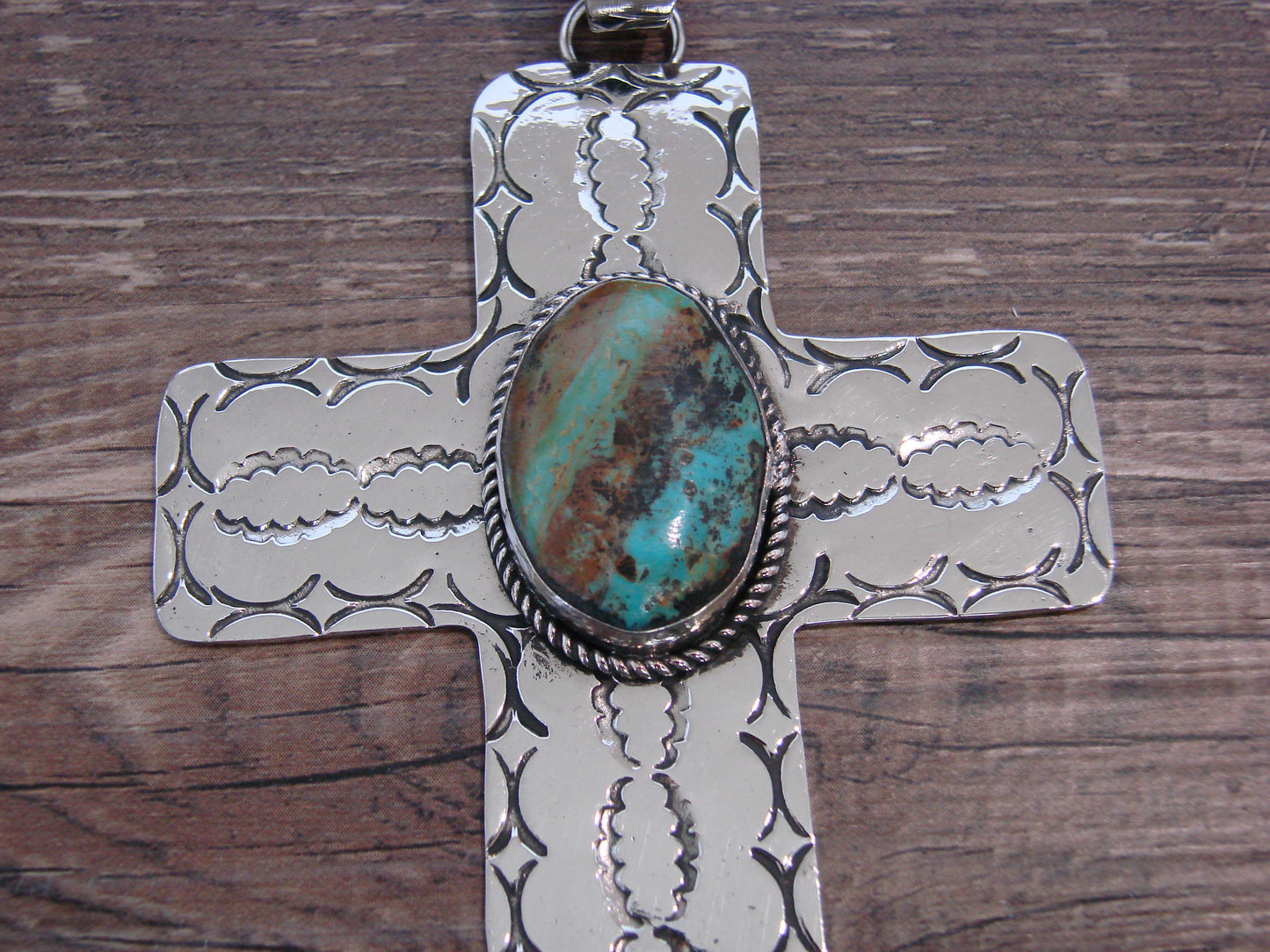 Large Native American Nickel Silver & Turquoise Cross Pendant - Cleveland