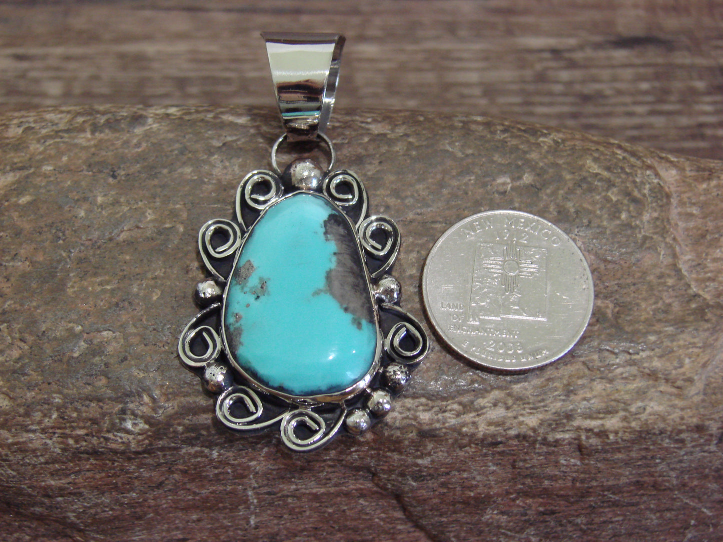 Native American Nickel Silver & Turquoise Pendant - Cleveland