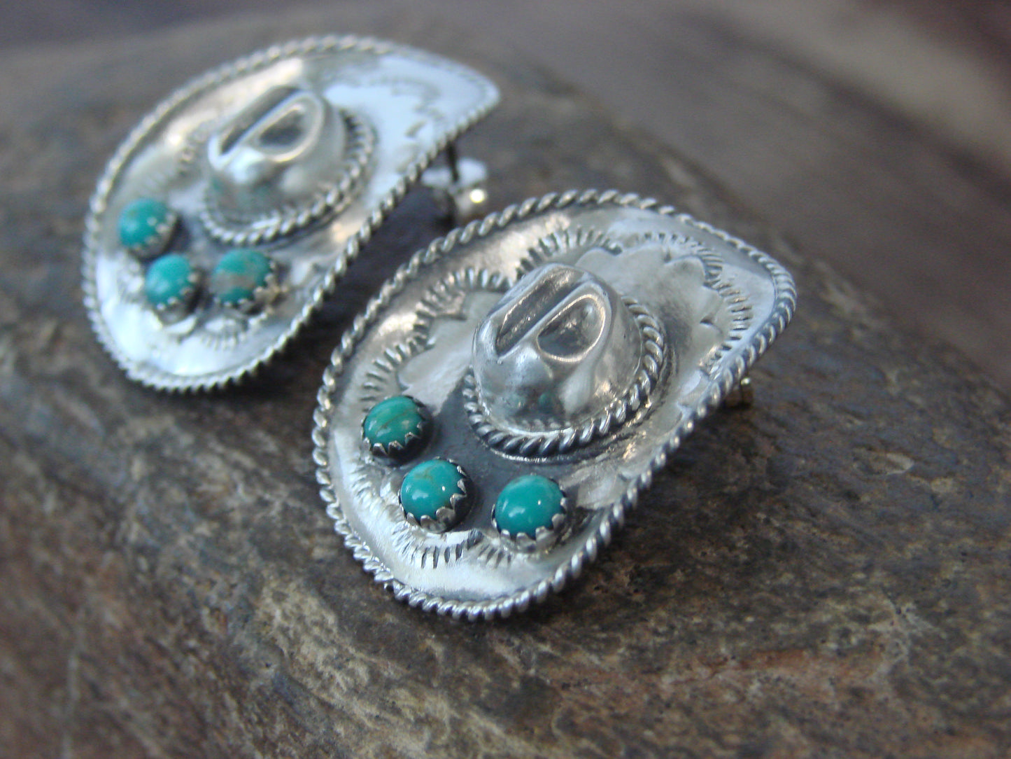Native American Sterling Silver & Turquoise Cowgirl Hat Post Earrings - Platero