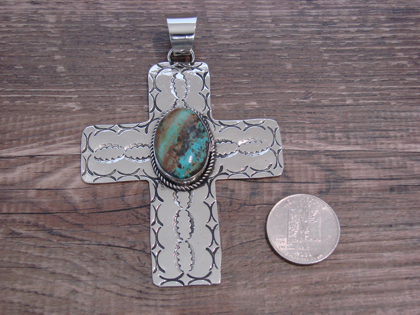 Large Native American Nickel Silver & Turquoise Cross Pendant - Cleveland