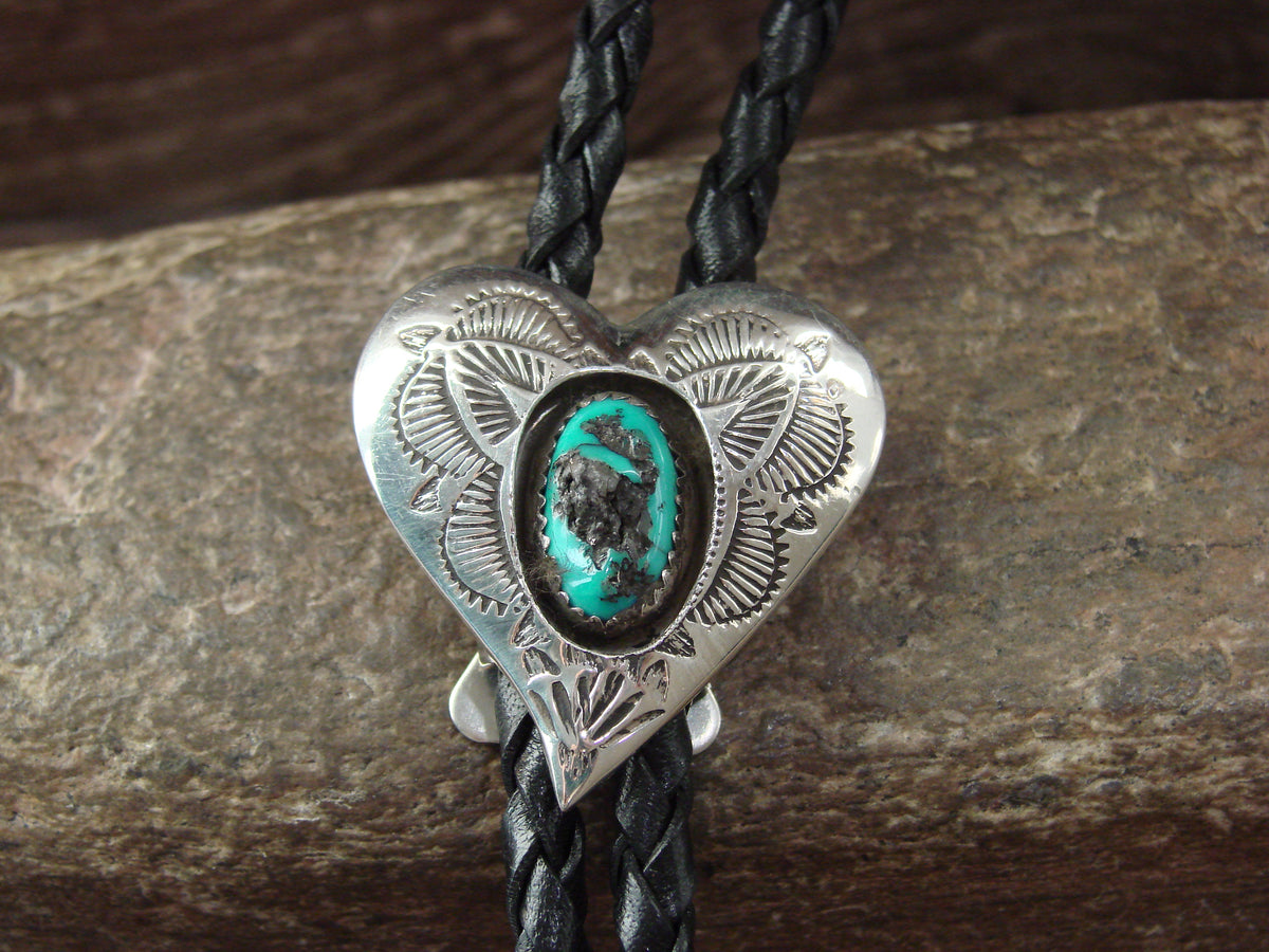 Native American Sterling Silver & Turquoise Heart Bolo Tie by Skeets