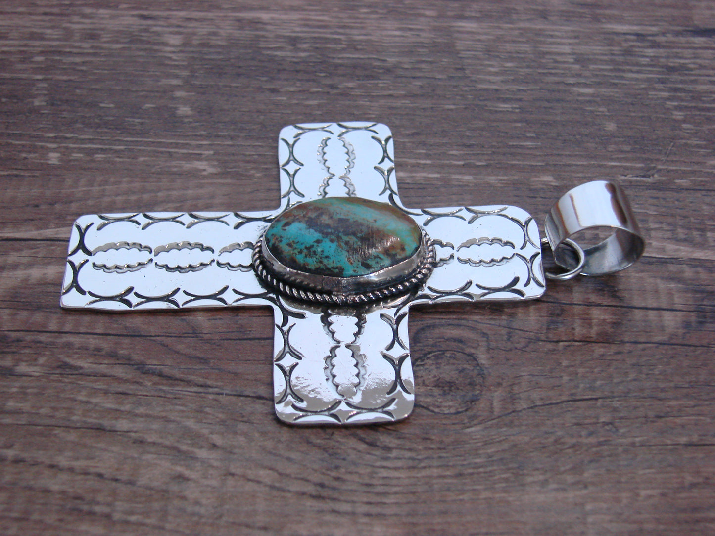 Large Native American Nickel Silver & Turquoise Cross Pendant - Cleveland