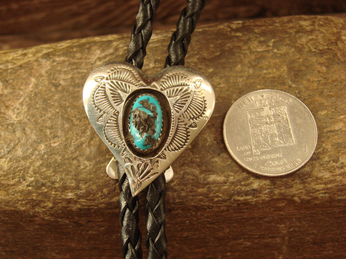 Native American Sterling Silver & Turquoise Heart Bolo Tie by Skeets