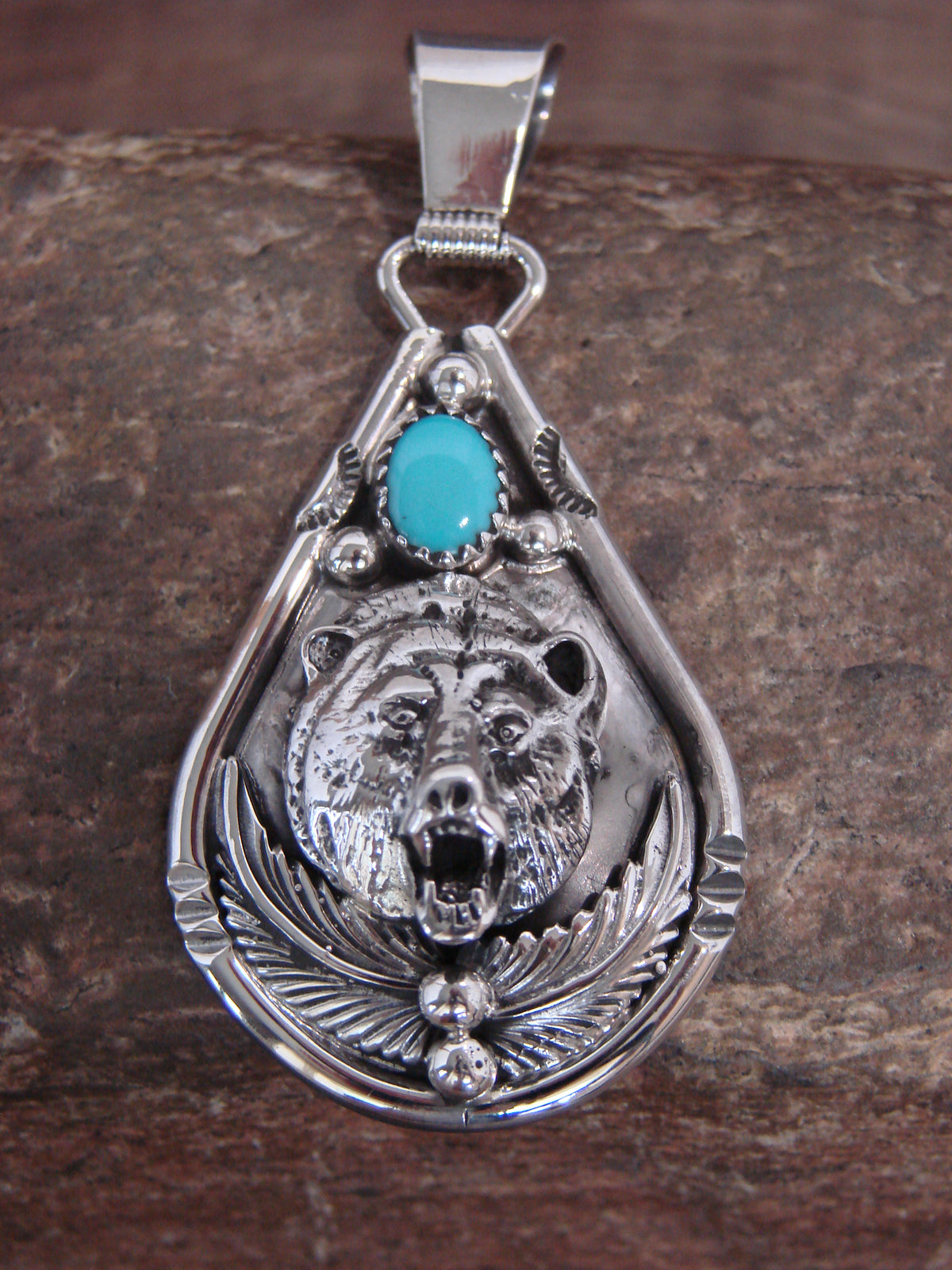 Native American Sterling Silver & Turquoise Bear Pendant - Morgan