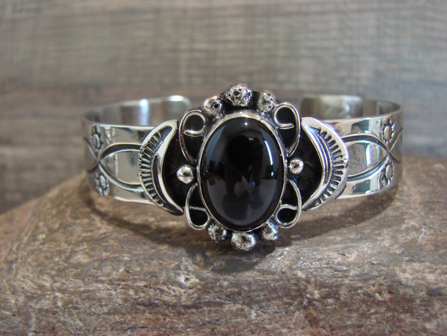 Navajo Indian Nickel Silver & Onyx Bracelet by Cleveland