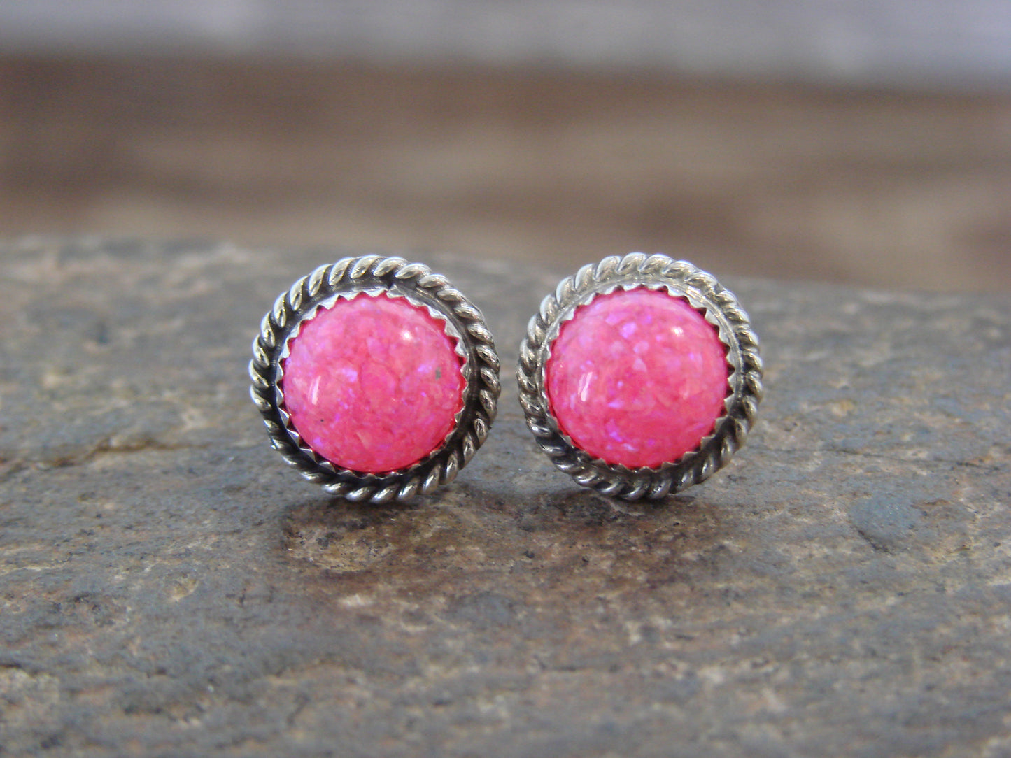 Navajo Indian Sterling Silver 7/16" Round Pink Opal Post Earrings by Cachini