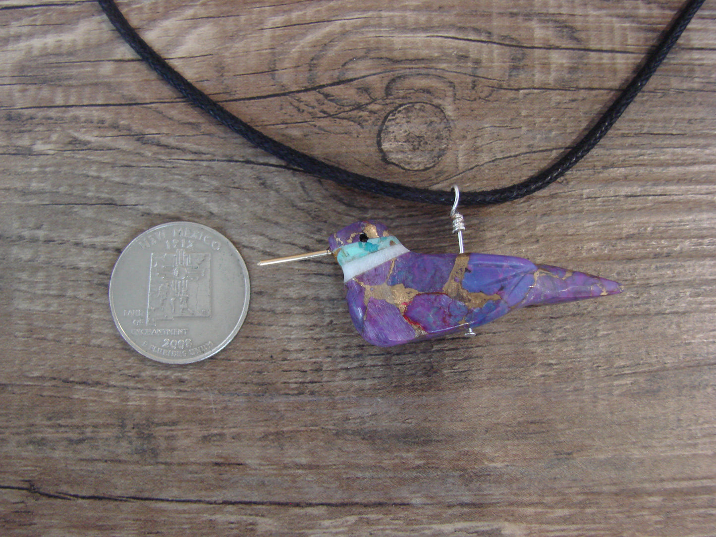 Purple Mohave Bronze Infused Turquoise Hummingbird Fetish Necklace - Mitchell