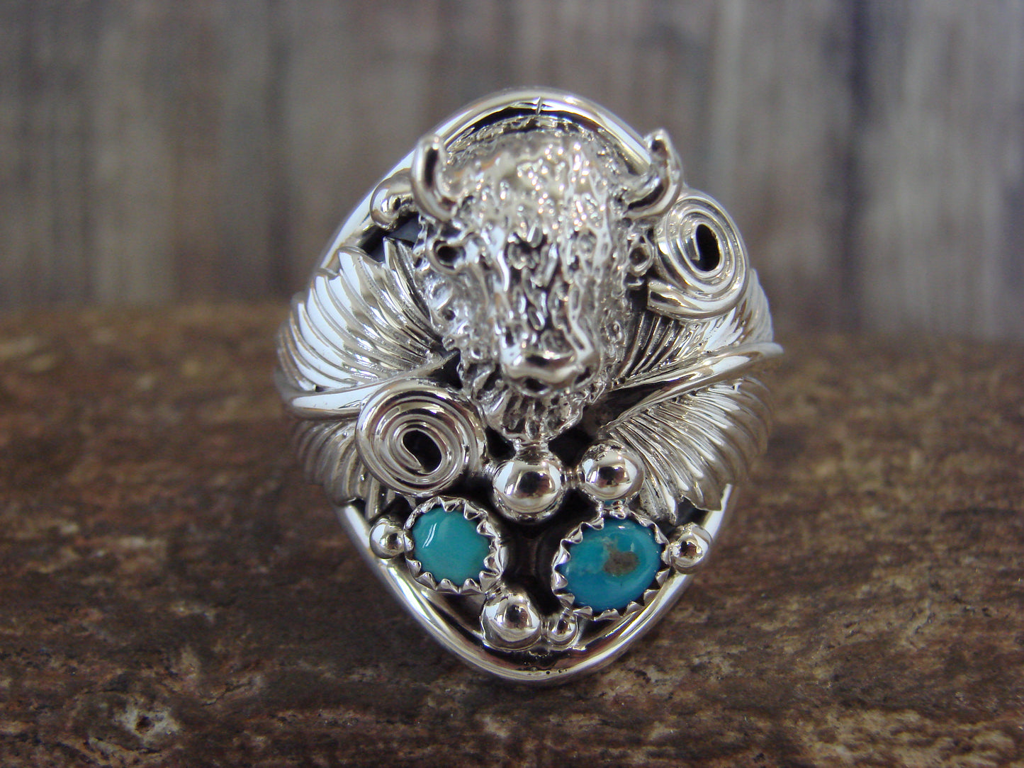 Native American Sterling Silver Buffalo & Turquoise Ring Size 13 - Morgan