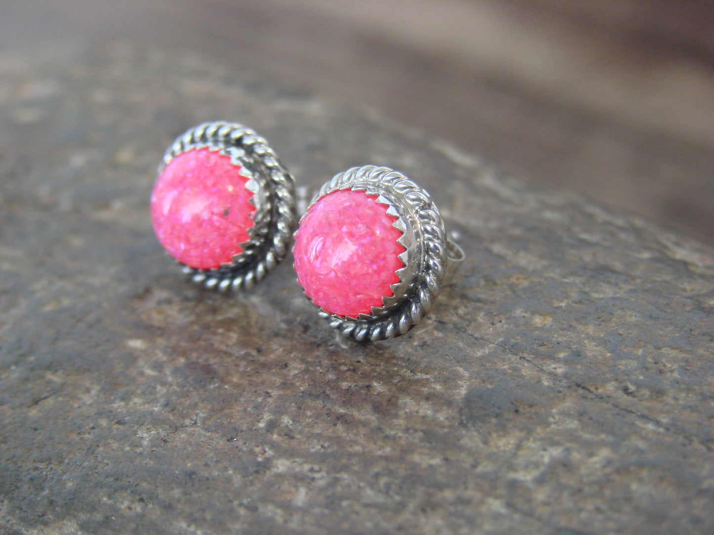 Navajo Indian Sterling Silver 7/16" Round Pink Opal Post Earrings by Cachini