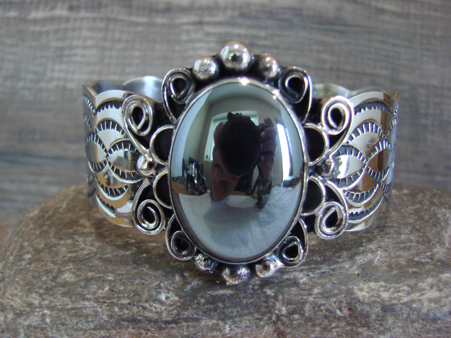 Navajo Indian Nickel Silver & Hematite Bracelet by Cleveland