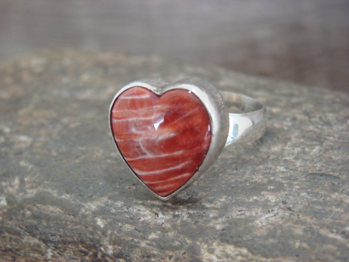 Native American Sterling Silver & Spiny Oyster Heart Ring by P. Smith - Size 7