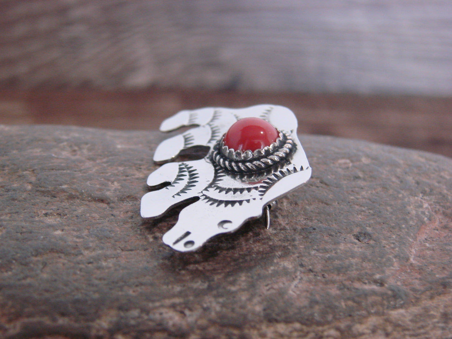 Native American Nickel Silver & Coral Bear Pin - Cleveland