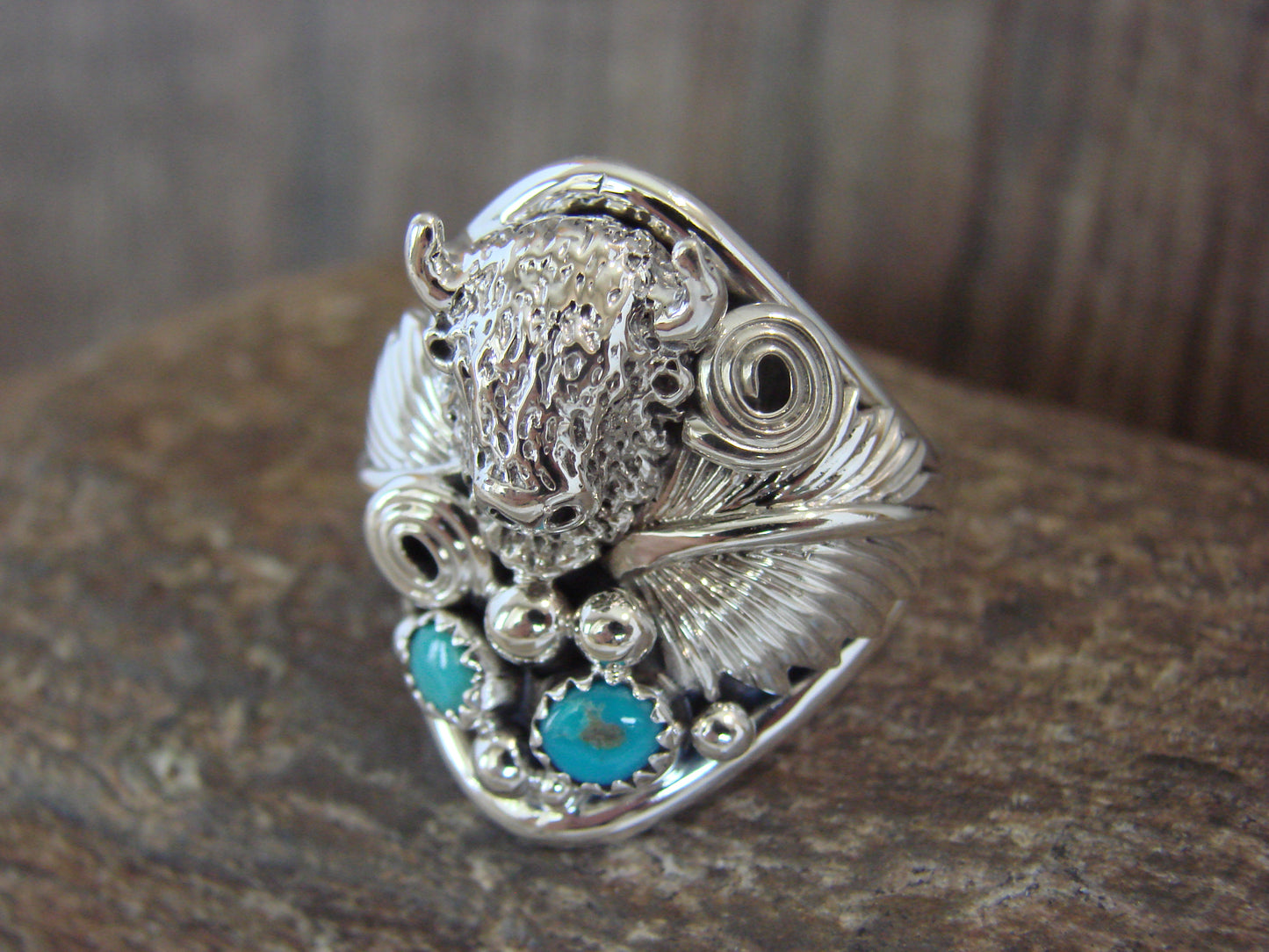 Native American Sterling Silver Buffalo & Turquoise Ring Size 13 - Morgan