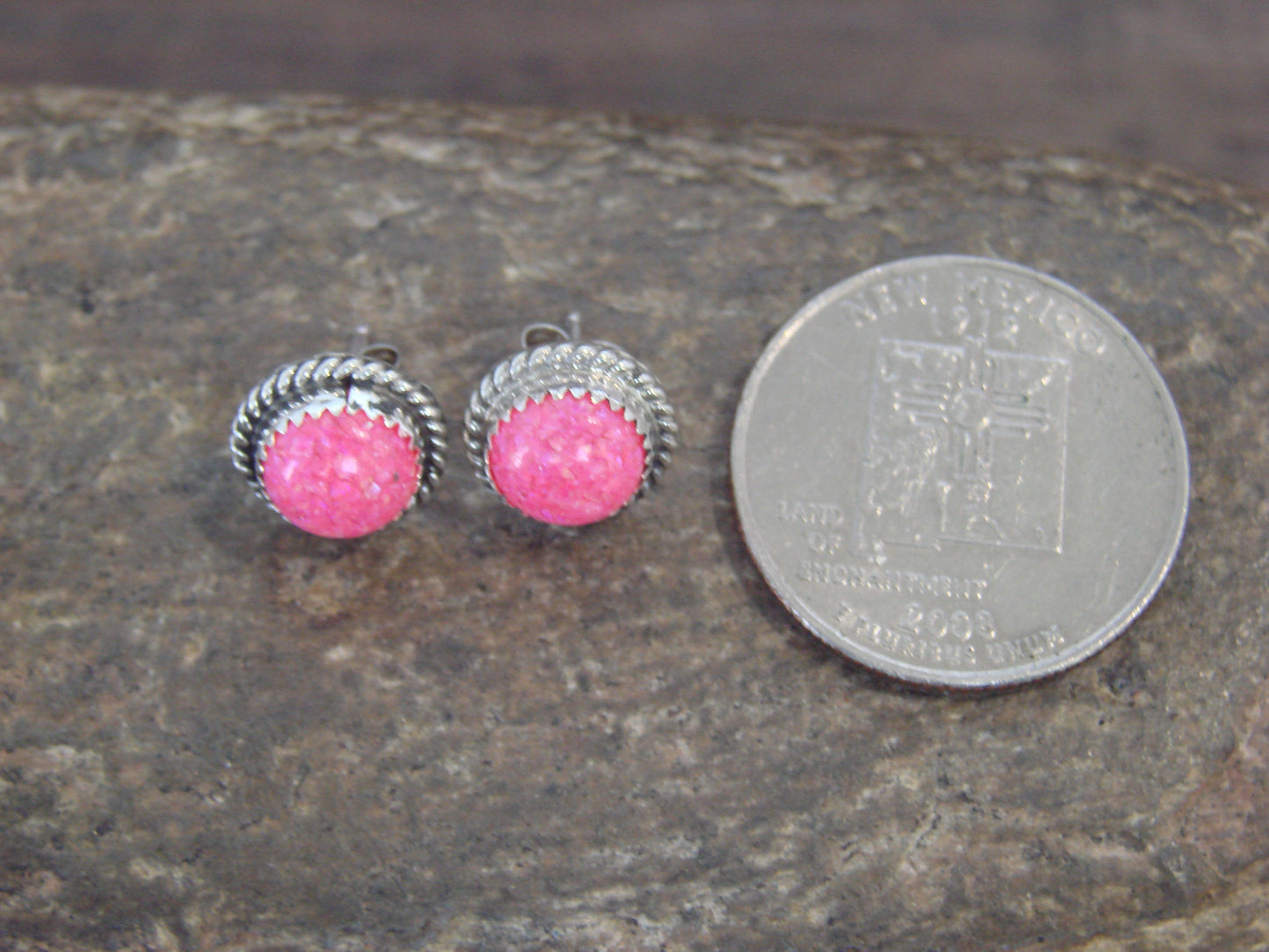 Navajo Indian Sterling Silver 7/16" Round Pink Opal Post Earrings by Cachini