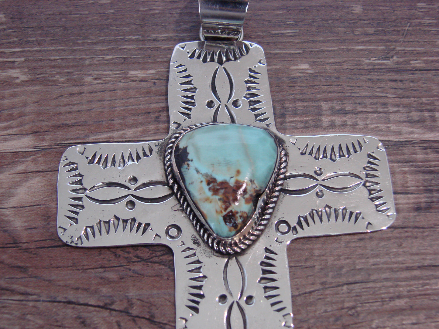 Large Native American Nickel Silver & Turquoise Cross Pendant - Cleveland