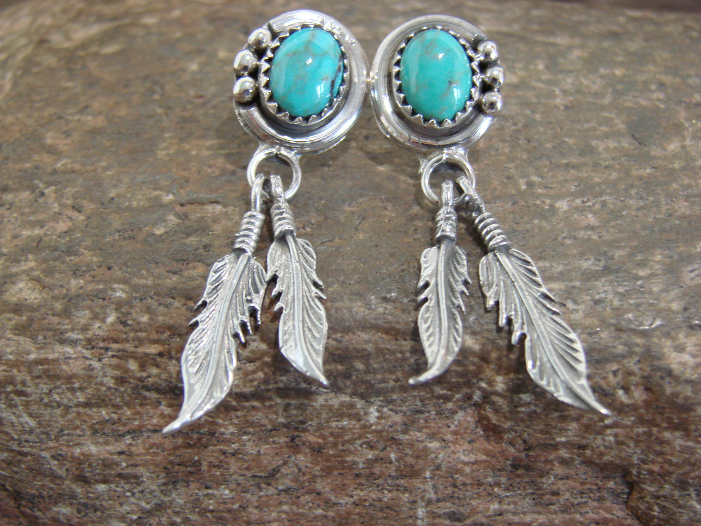 Native American Sterling Silver Turquoise Feather Post Dangle Earrings - Largo