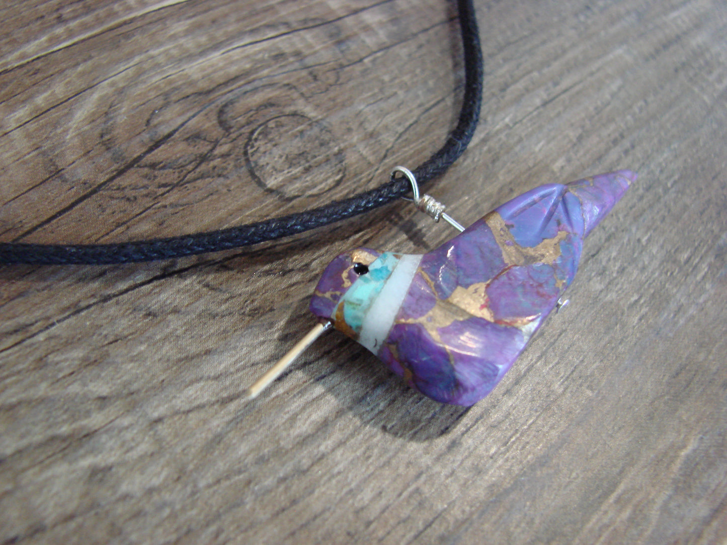 Purple Mohave Bronze Infused Turquoise Hummingbird Fetish Necklace - Mitchell