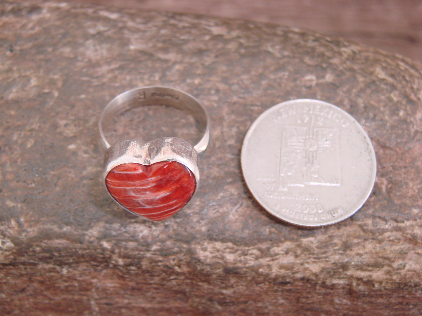 Native American Sterling Silver & Spiny Oyster Heart Ring by P. Smith - Size 7