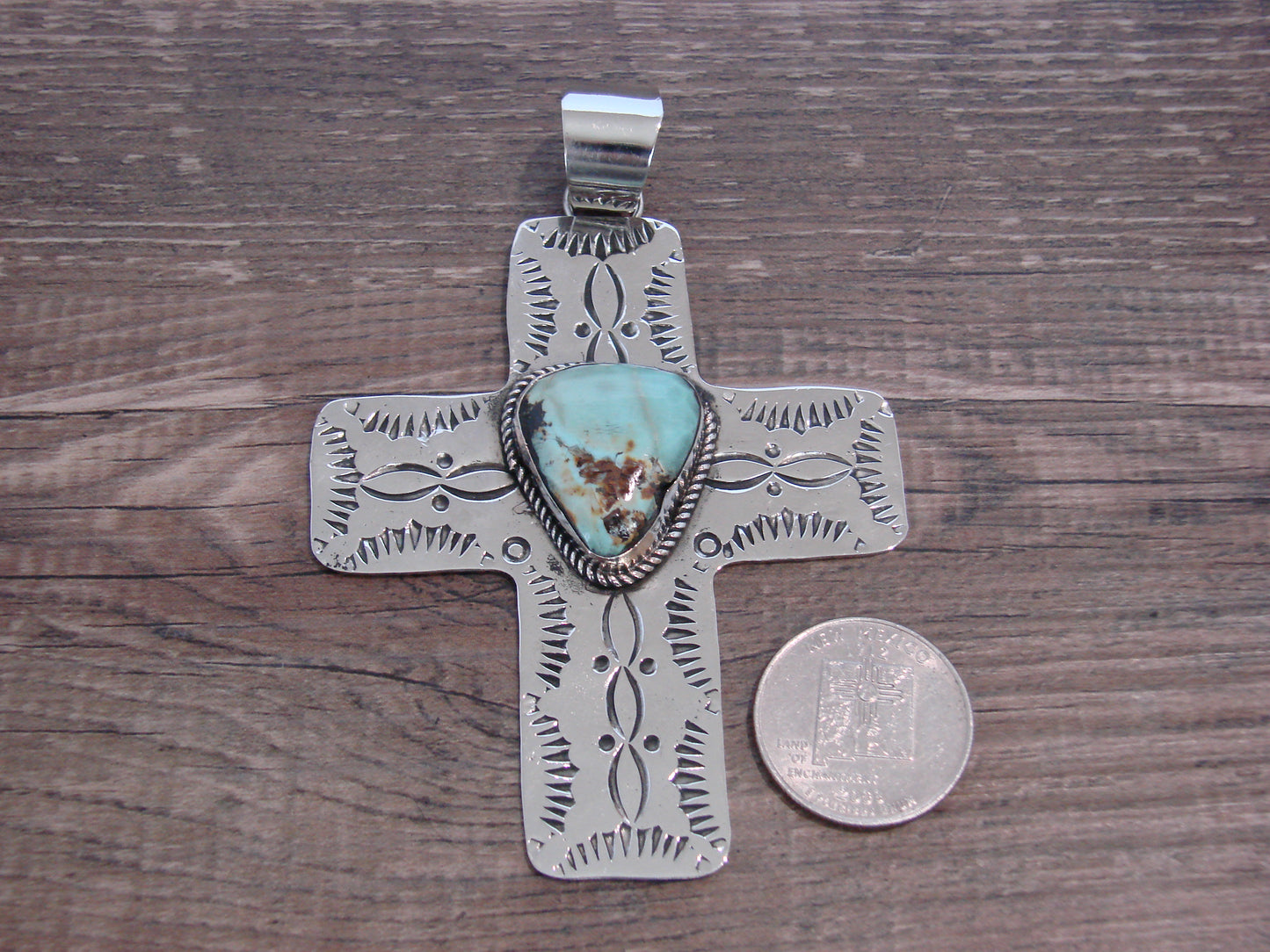Large Native American Nickel Silver & Turquoise Cross Pendant - Cleveland