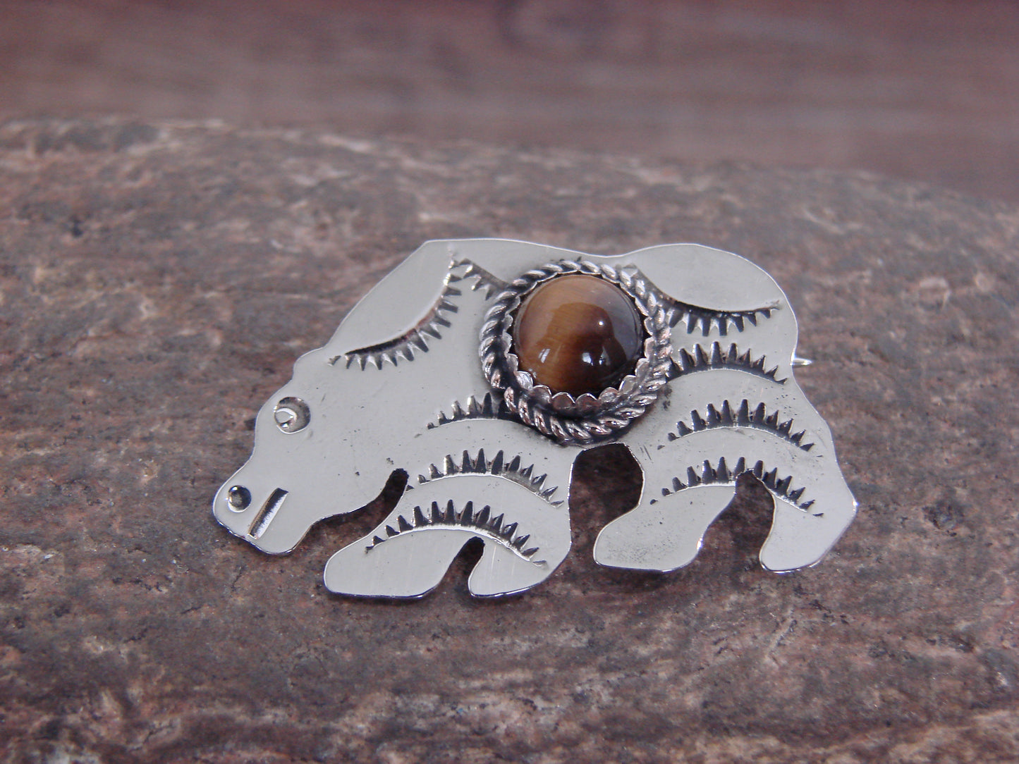 Native American Nickel Silver & Tiger Eye Bear Pin - Cleveland
