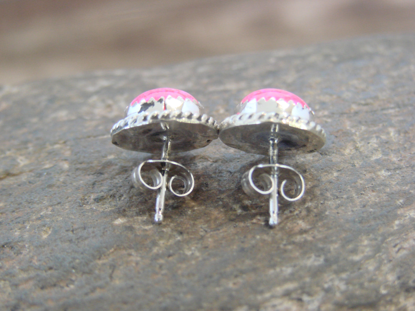 Navajo Indian Sterling Silver 7/16" Round Pink Opal Post Earrings by Cachini