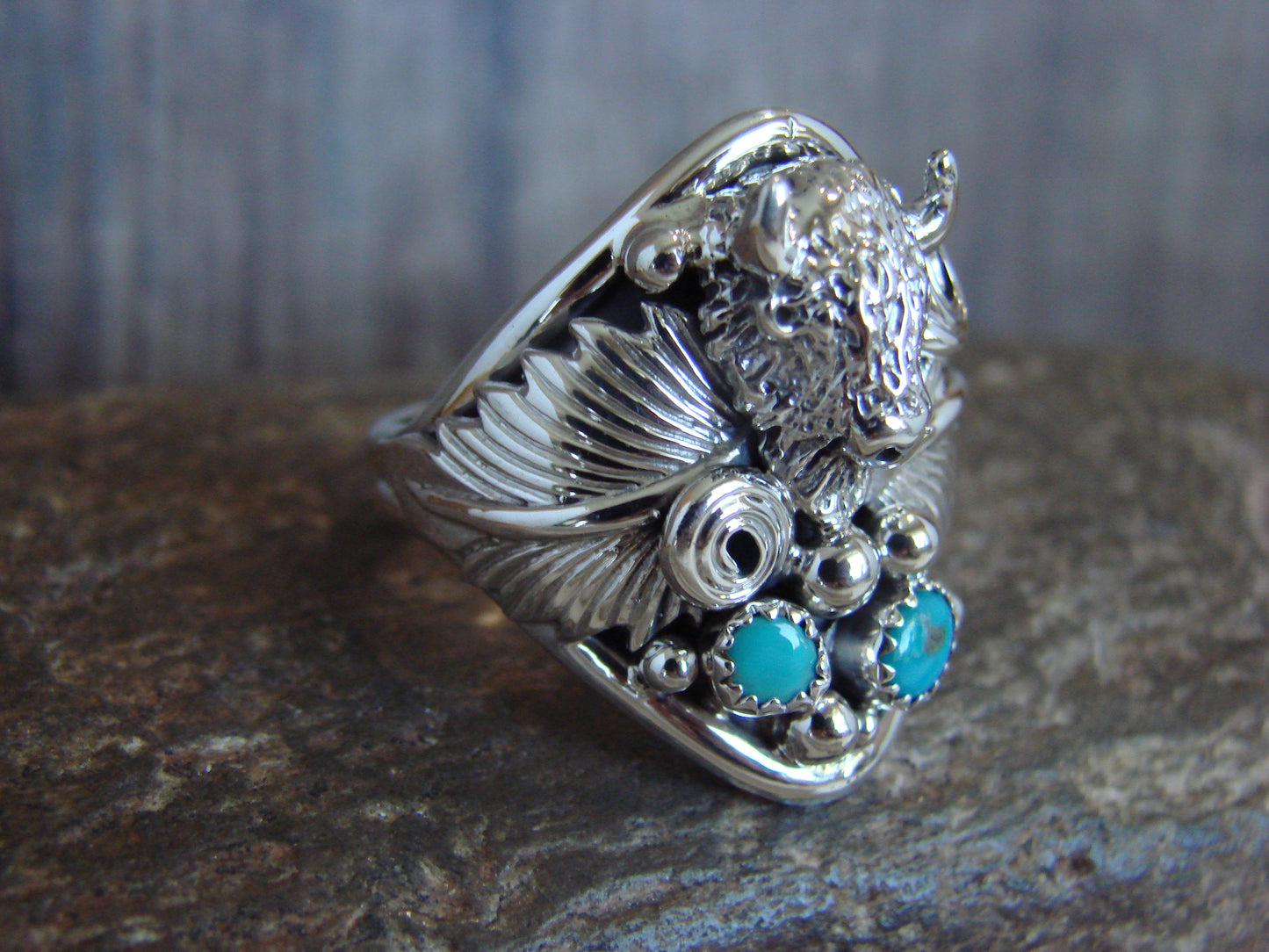 Native American Sterling Silver Buffalo & Turquoise Ring Size 13 - Morgan