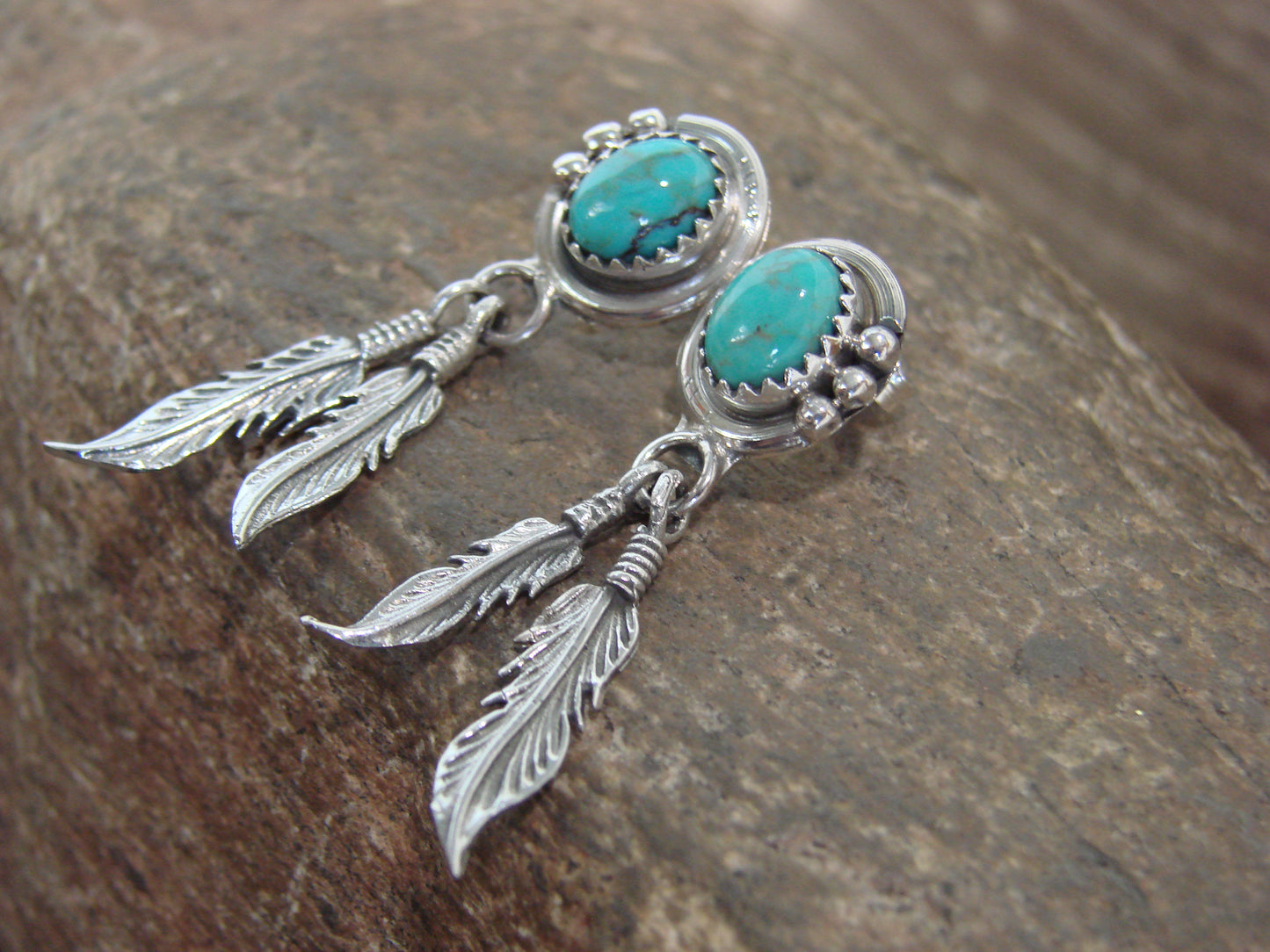 Native American Sterling Silver Turquoise Feather Post Dangle Earrings - Largo