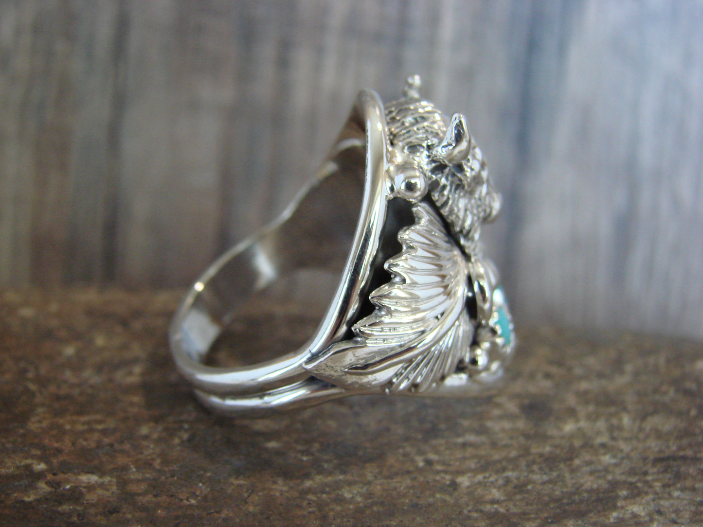 Native American Sterling Silver Buffalo & Turquoise Ring Size 13 - Morgan