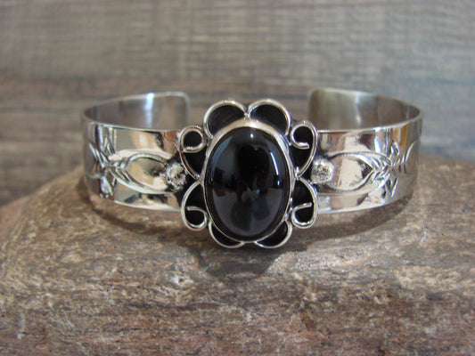 Navajo Indian Nickel Silver & Onyx Bracelet by Cleveland