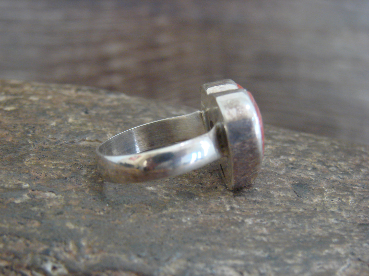 Native American Sterling Silver & Spiny Oyster Heart Ring by P. Smith - Size 7